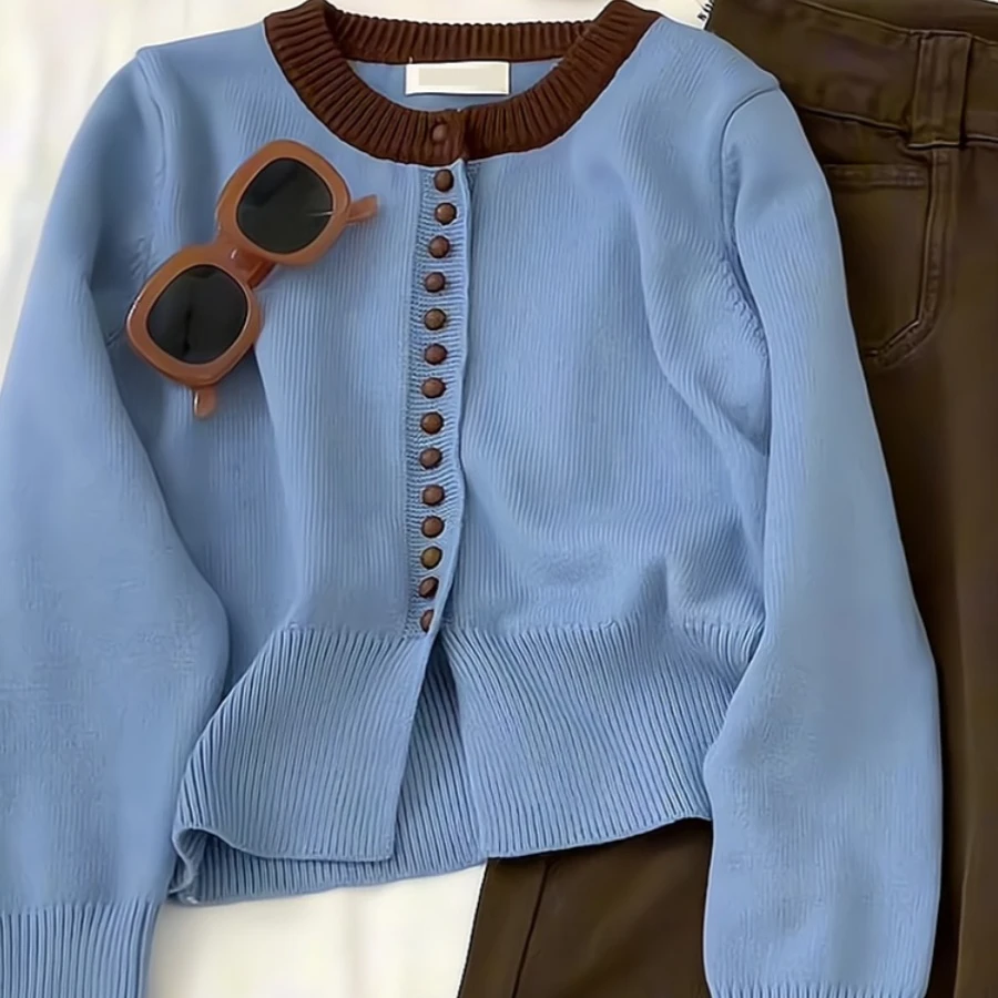 蓝色慵懒风软糯针织开衫女装秋冬新款高级设计感纽扣圆领毛衣外套