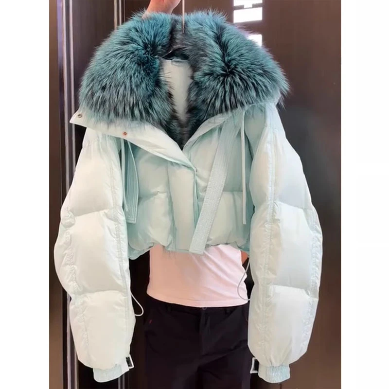 高级感超好看蓝色真毛领短款棉服女冬季2024新款时尚洋气厚外套