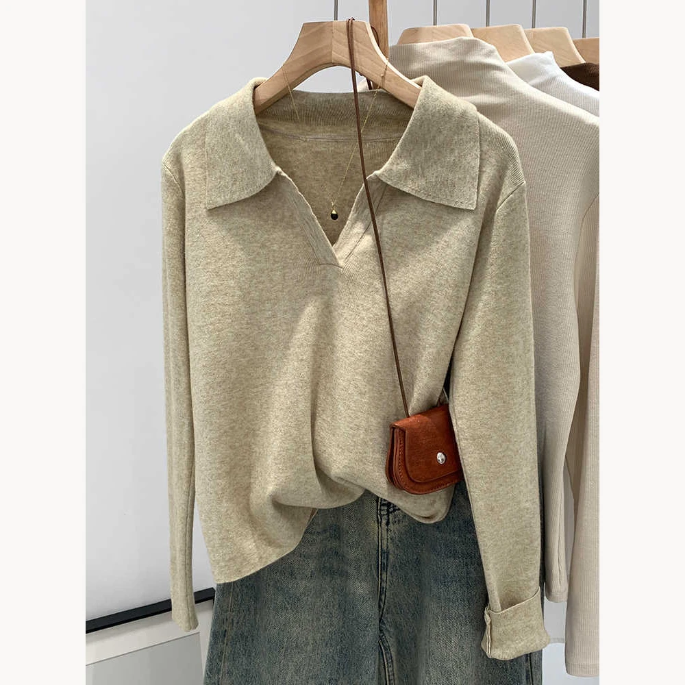 翻领长袖针织衫上衣女秋冬季新款宽松设计感超好看慵懒风外穿毛衣