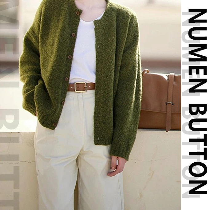 NUMEN BUTTON/灵扣复古小香风金属扣精致圆领绿毛衣开衫宽松长袖