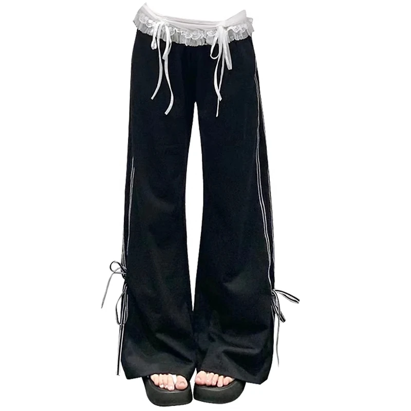 小众假两件蕾丝花边运动休闲裤女秋季松弛感长裤辣妹显瘦直筒卫裤