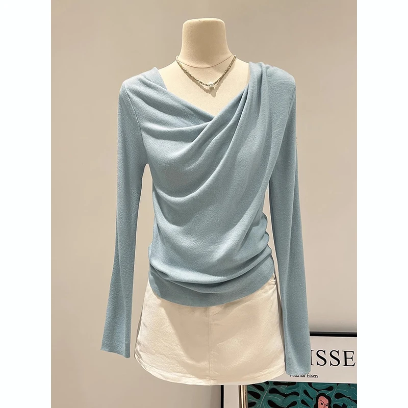 NUMEN BUTTON/灵扣法式杏色荡领长袖针织衫女秋季设计感褶皱修身