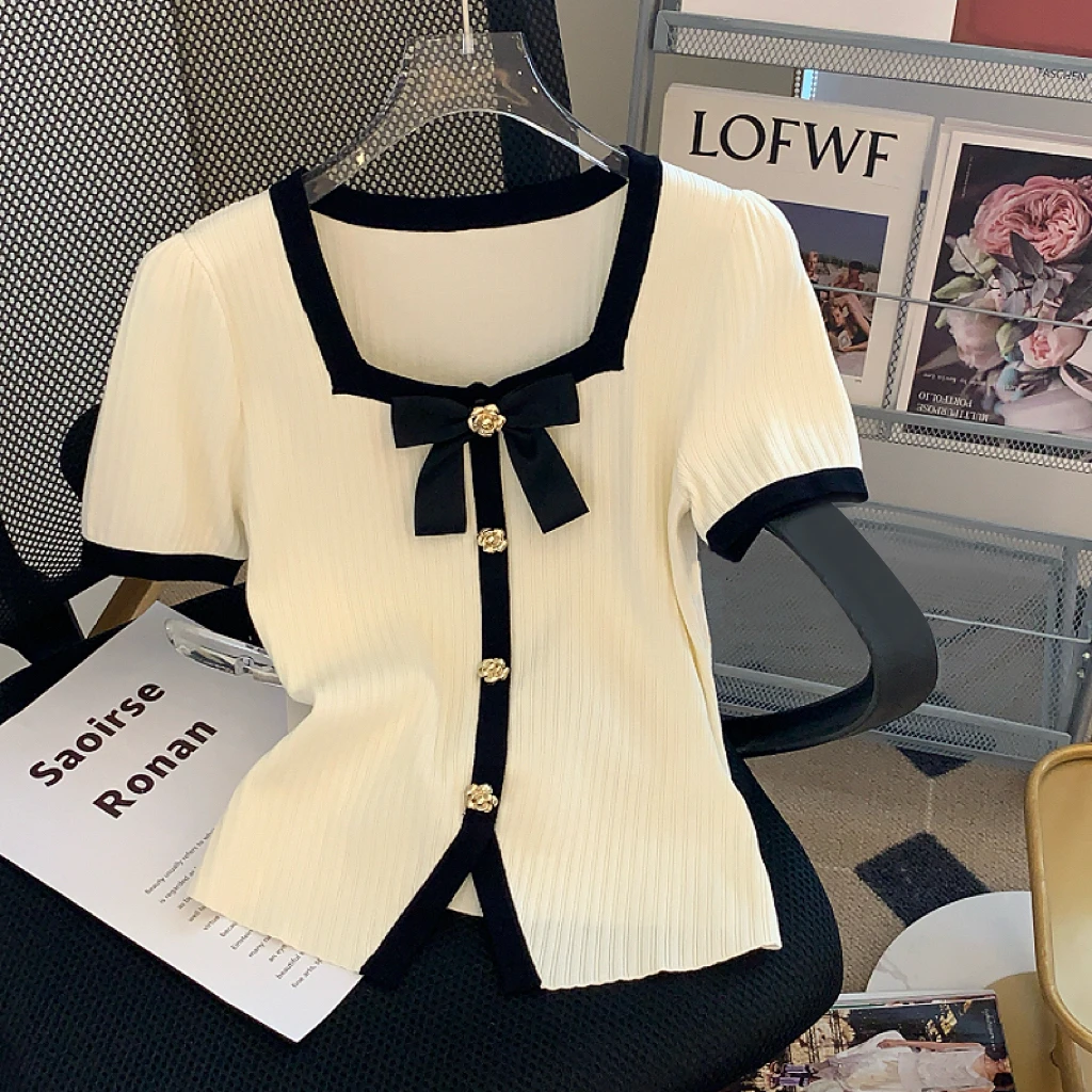 NUMEN BUTTON/灵扣2024法式小香风设计感时尚短袖蝴蝶结显瘦T恤