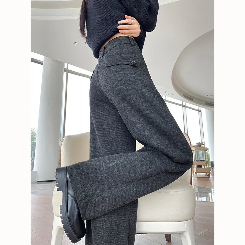 NUMEN BUTTON/灵扣灰色阔腿裤女秋直筒宽松休闲直筒拖地裤子时尚