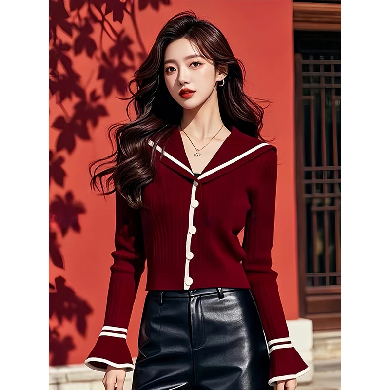 NUMEN BUTTON/灵扣红色针织衫秋装2024年新款爆款长袖上衣高级感