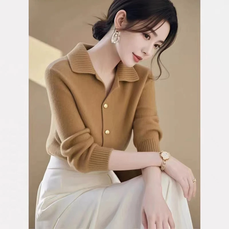 NUMEN BUTTON/灵扣休闲翻领软糯针织开衫2025复古风早秋显瘦上衣