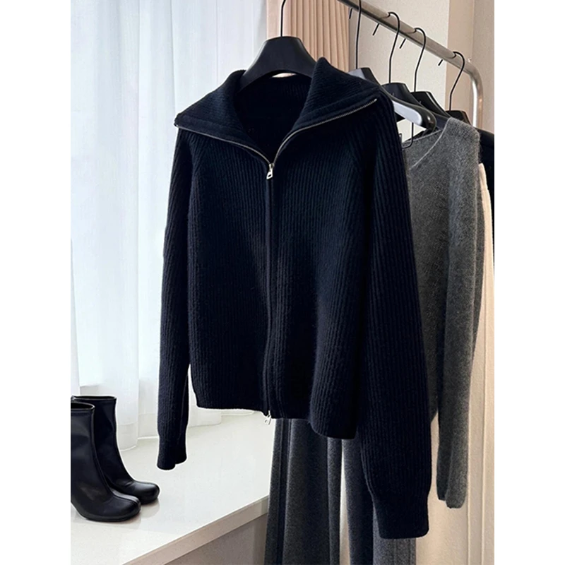 翻领毛衣外套女秋冬新款小个子洋气休闲百搭外穿拉链针织开衫上衣