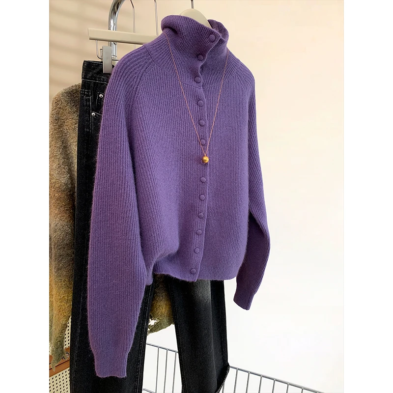 紫色高领气质针织毛衣外套女秋冬2025新款欧货软糯小个子上衣开衫