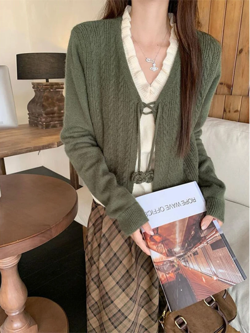 NUMEN BUTTON/灵扣复古绿色假两件v领系带针织开衫秋季短款小香风