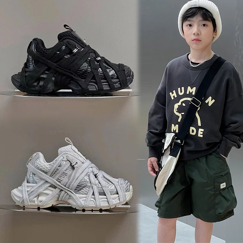 新品巴拉巴拉男童鞋秋季潮款女童蜘蛛侠绑带老爹鞋做旧儿童软底透