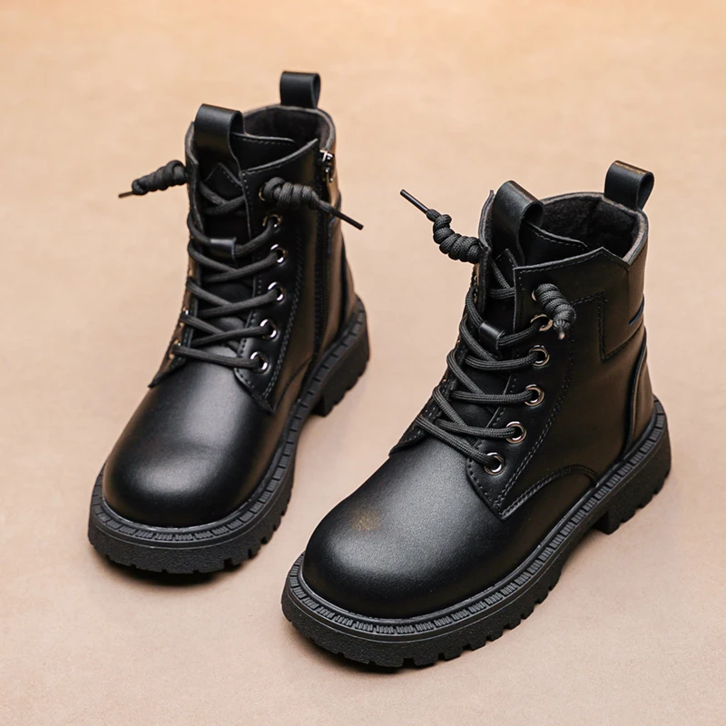 巴拉童年优选男童马丁靴2025秋冬新款真皮童靴女童黑色短靴软底儿