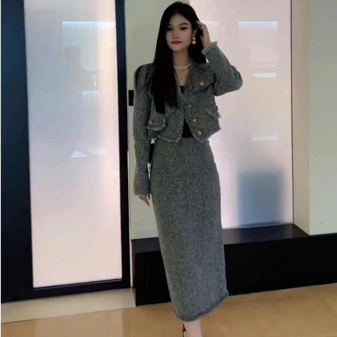 秋款法式小香风显高套装女高级感气质显瘦长裙两件套6856-7