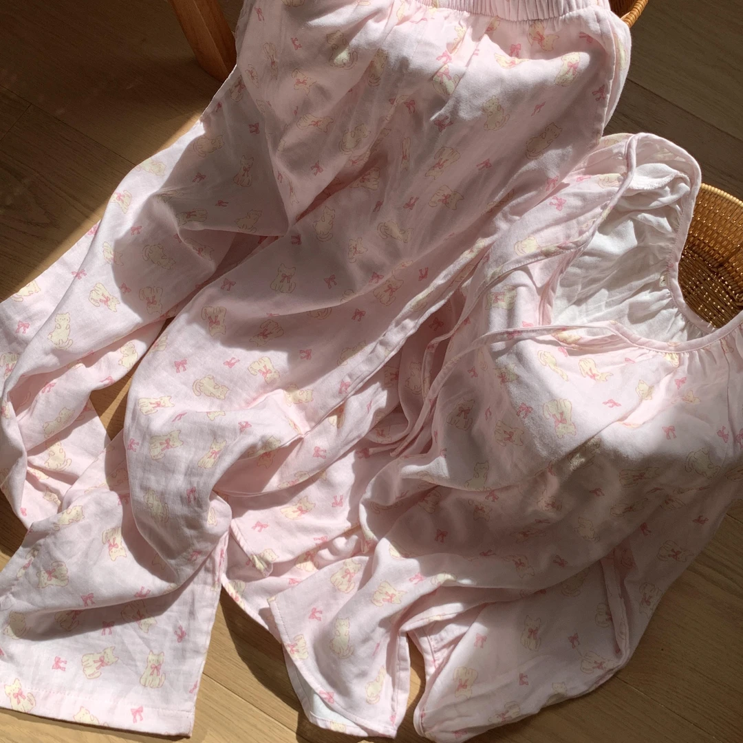 韩版ins少女甜美可爱设计感蝴蝶结睡衣女春秋宽松长袖长裤家居服