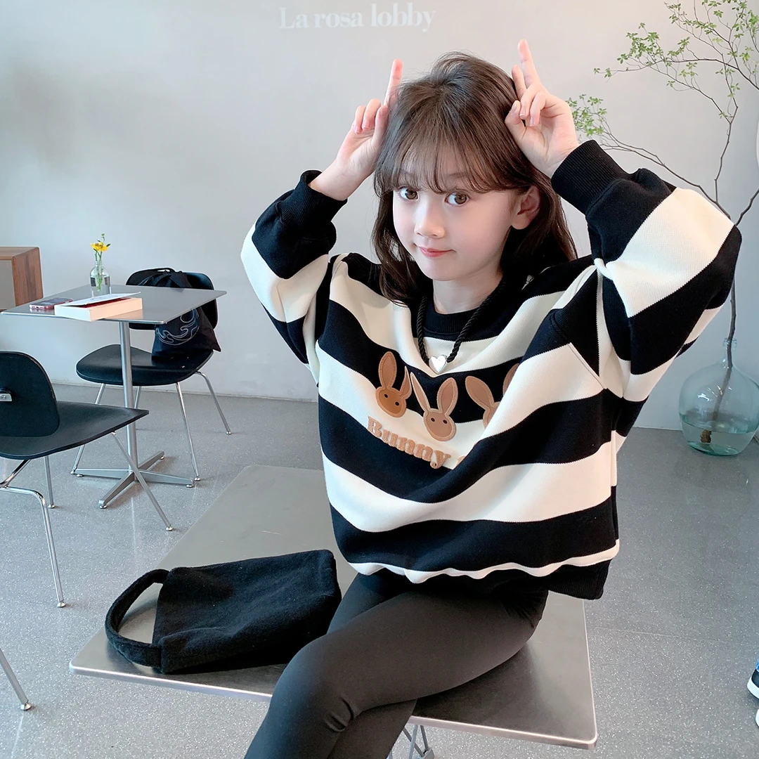 女童休闲卫衣2023秋装新款儿童韩版洋气条纹春秋宽松上衣潮W23319