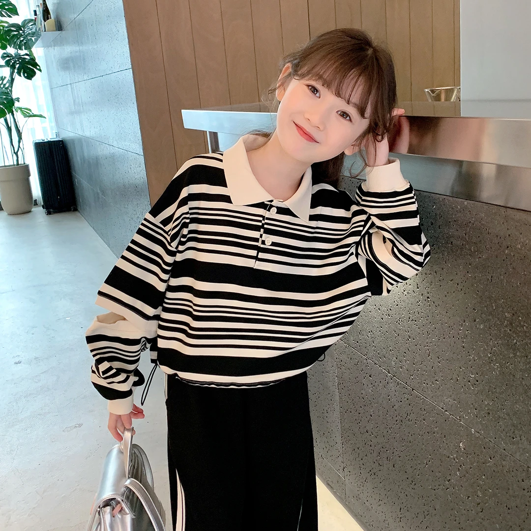 女童2024年春装新款韩版儿童条纹卫衣春秋宽松百搭上衣潮W24109