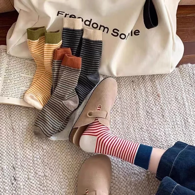 撞色条纹独立精美包装5双装简约款堆堆袜W6020