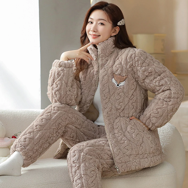 睡衣女冬季珊瑚绒加厚冬款三层夹棉超厚拉链可外穿冬天家居服套装