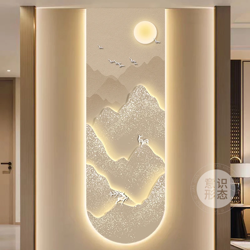 日照金山入户玄关装饰画现代轻奢LED灯客厅走廊过道尽头山水挂画