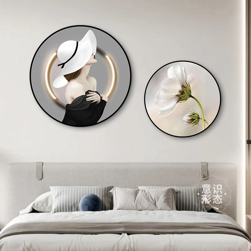 现代简约卧室装饰画轻奢风主卧背景墙挂画2025年新款床头圆形壁画