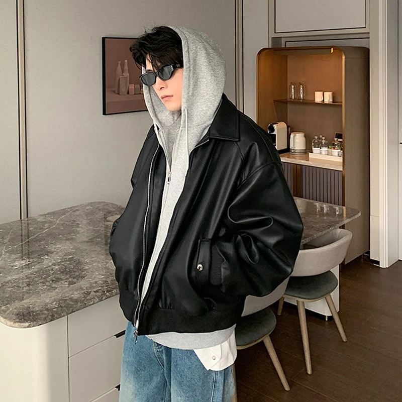 秋冬连帽假两件外套男高级感痞帅PU皮夹克老钱风情侣款上衣休闲