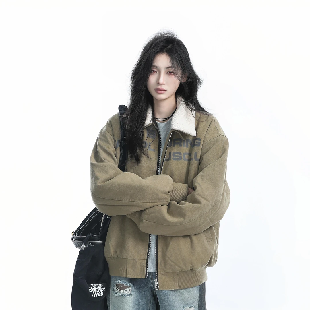 冬季美式复古羊羔绒内里翻领工装棉服男女潮牌高级感百搭外套