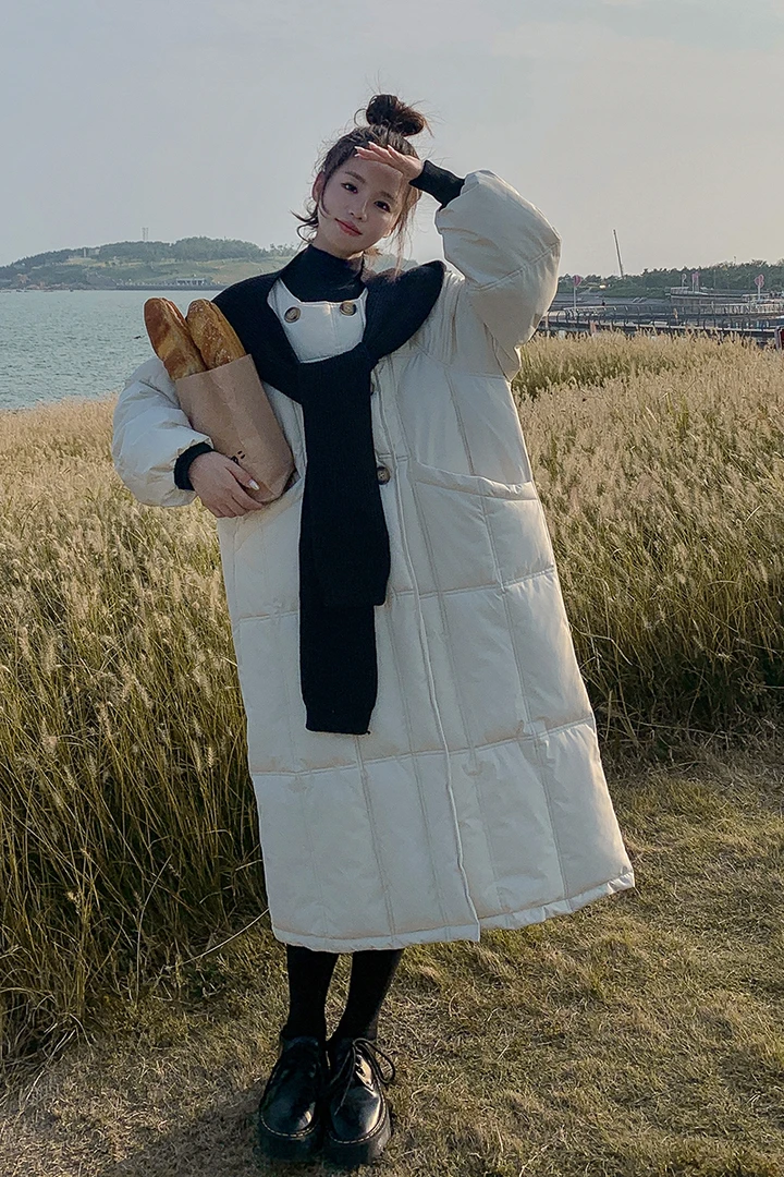 2023冬季新款宽松长款保暖棉服外套韩版假两件针织可拆卸连帽外套