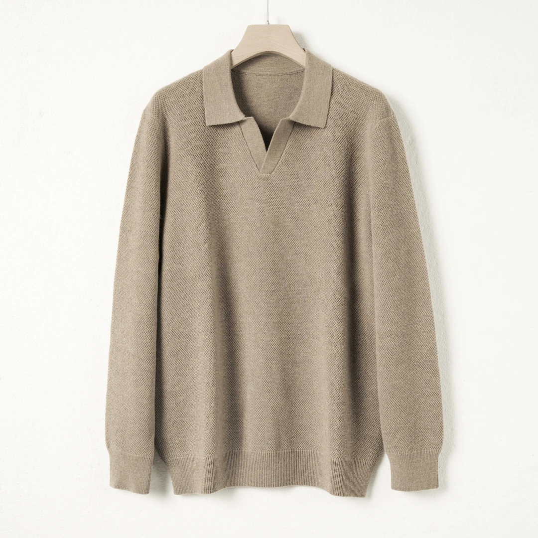 BULUQI/6863男士100山羊绒黄驼色商务休闲亲肤V翻领长袖