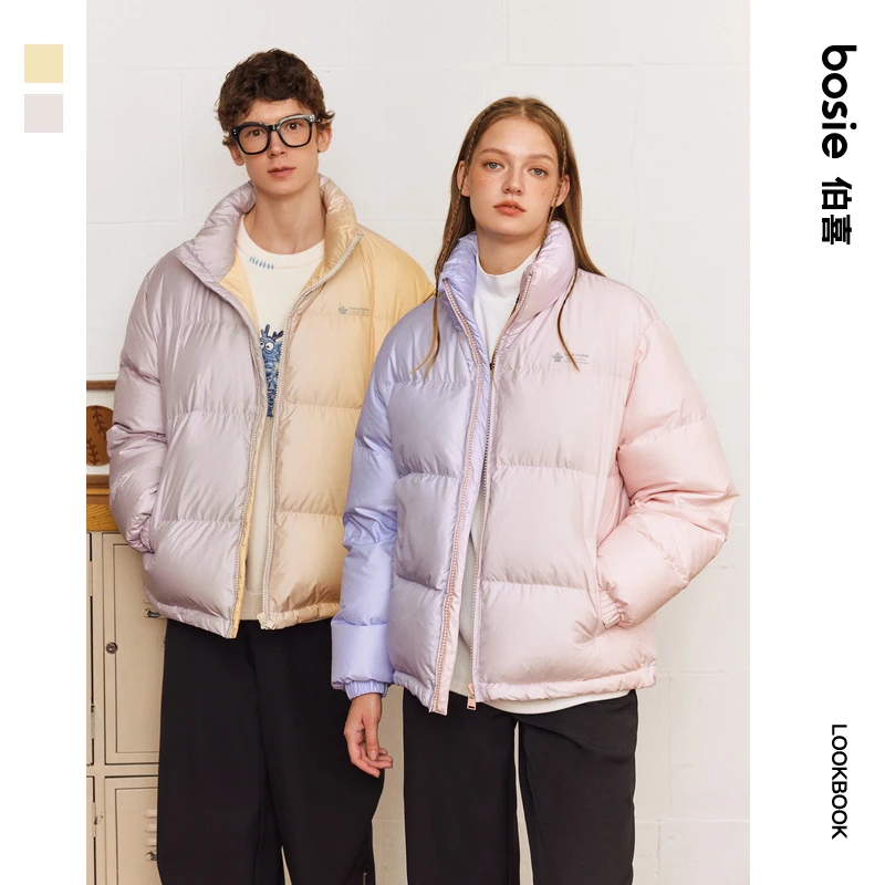 【小花人】bosie年冬季新款男情侣反光印花渐变短款羽绒服百搭潮