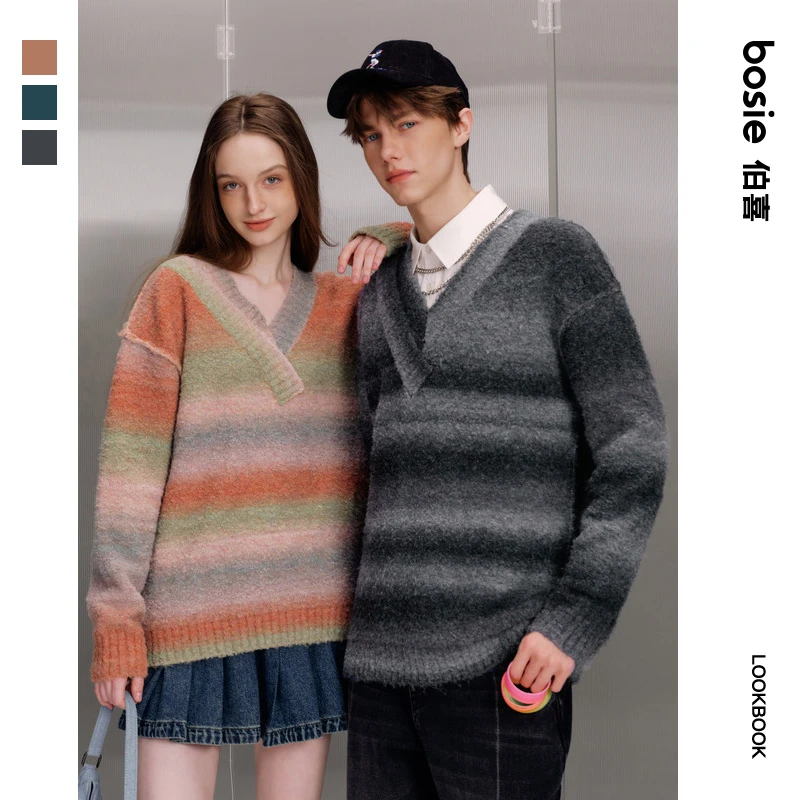 bosie春季季新款套头毛衫男情侣宽松撞色条纹毛衣针织衫外套潮