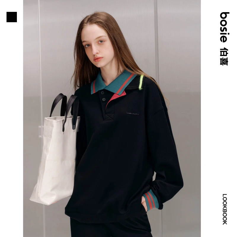 bosie春季新款情侣Polo衫长袖休闲百搭宽松套头撞色翻领百搭潮