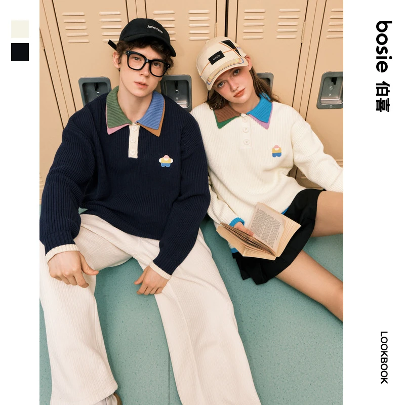 bosie伯喜秋季新款男情侣针织衫慵懒感长袖休闲百搭学院风撞色领