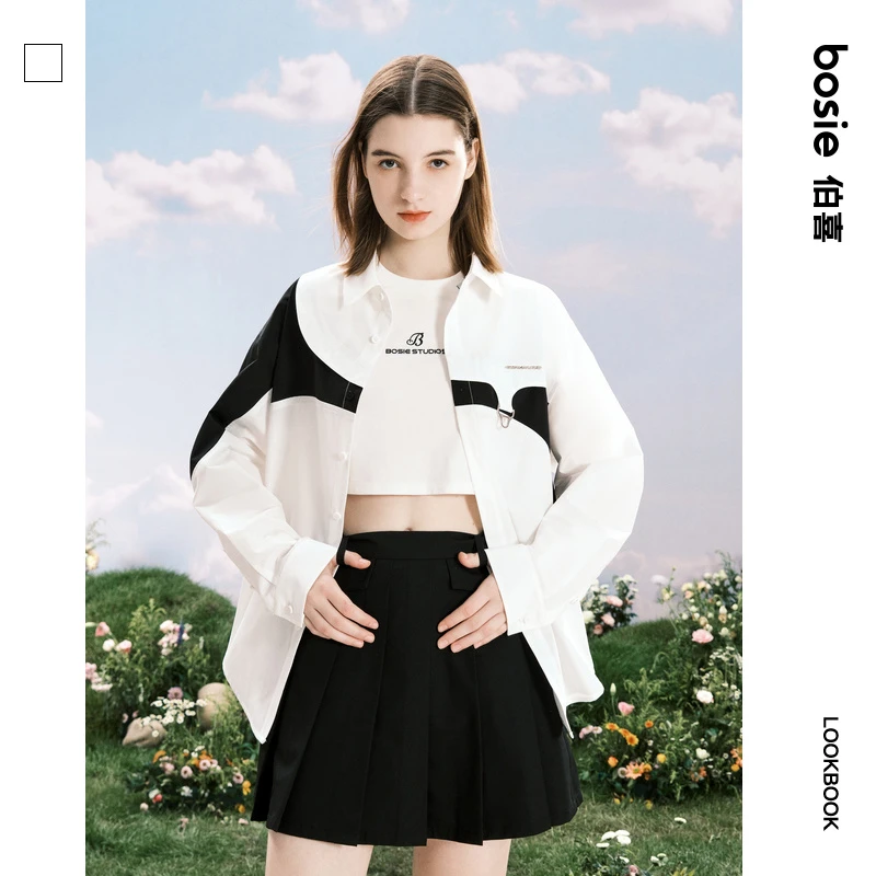 bosie2024春秋季新款拼接长袖衬衫情侣男时尚撞色翻领衬衣外套潮