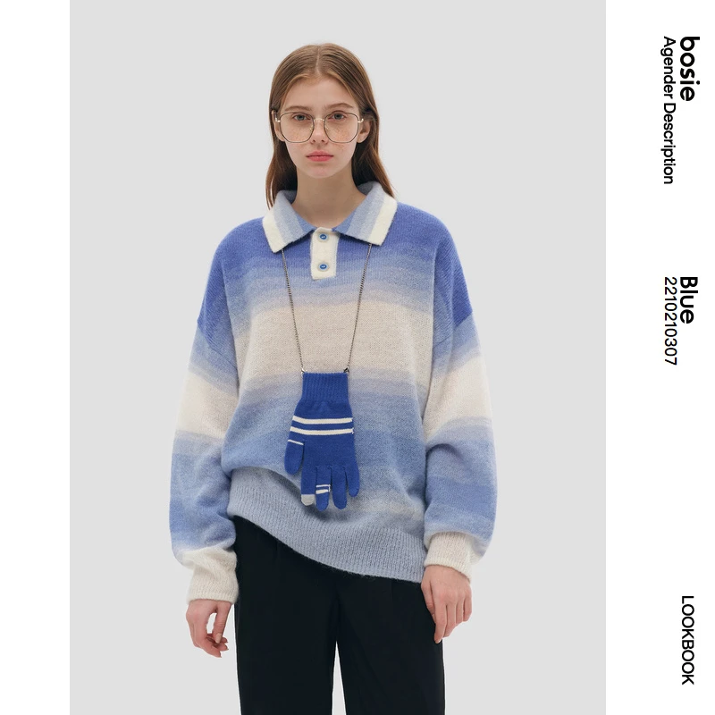 bosie秋季渐变套头撞色提花毛衫条纹秋季翻领毛衣针织衫拼接宽松
