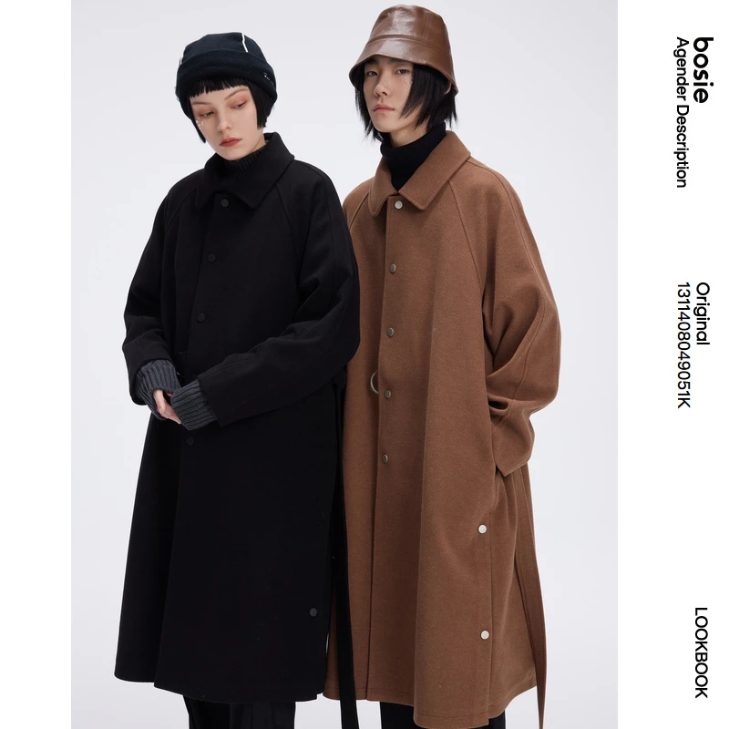 bosie秋季新款基础质感呢子大衣中长款外套休闲长袖加厚翻领纯色