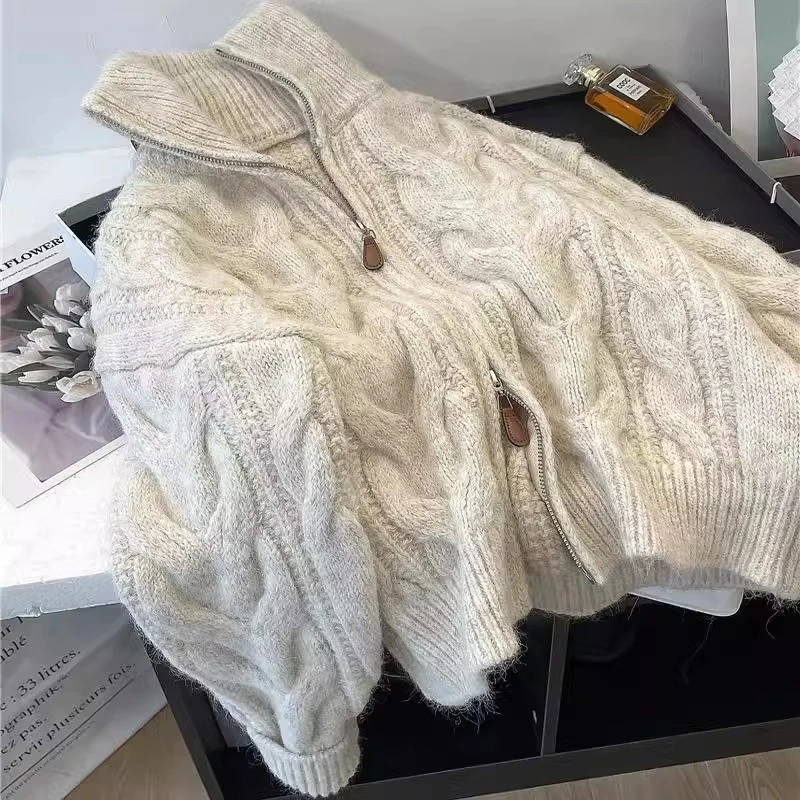 高级感麻花短款毛衣开衫外套女时髦洋气春秋季百搭宽松慵懒厚上衣