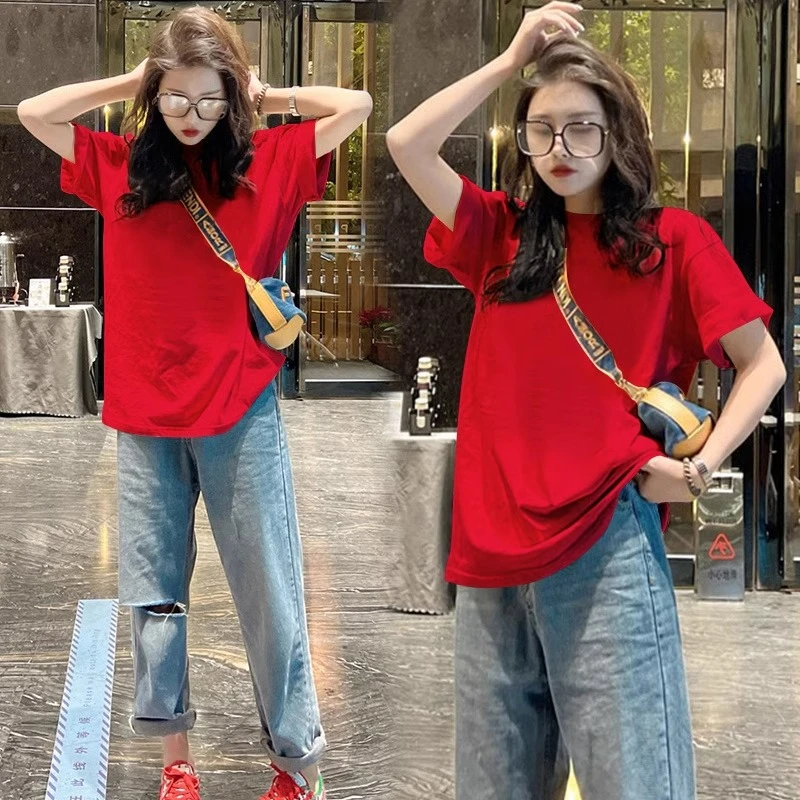 2025新款纯棉净版短袖T恤女韩版宽松中长款红色纯色半袖上衣夏季