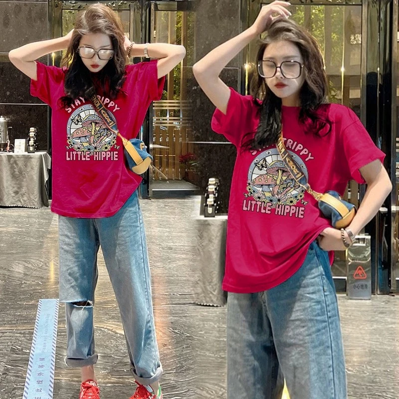 火龙果红纯棉宽松正肩短袖T恤女2024夏季新款欧货大版设计感上衣