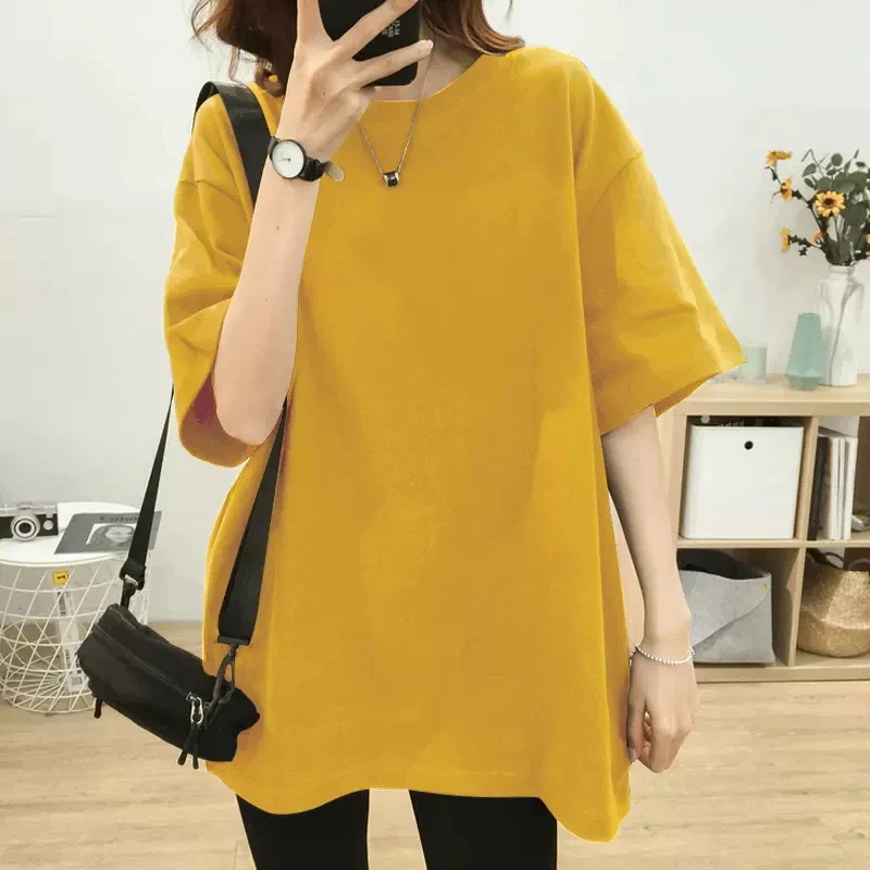 2024新款纯棉净版短袖T恤女韩版宽松中长款黄色纯色半袖上衣夏季