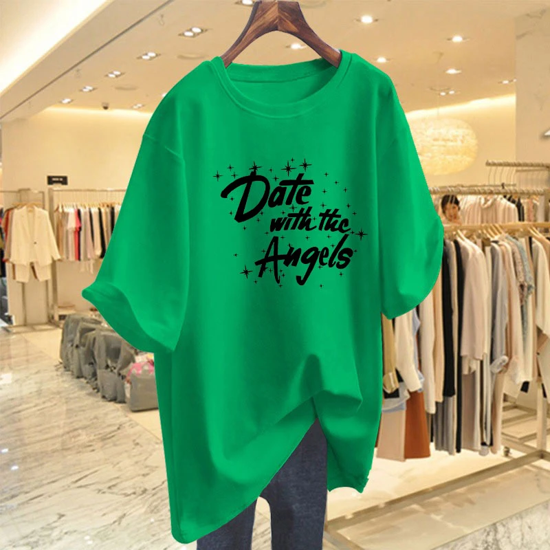 2024新款大码绿色纯棉短袖t恤女休闲ins时尚百搭减龄显瘦上衣夏季