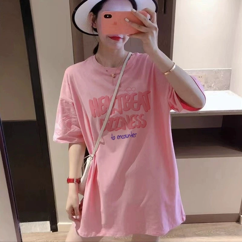 大版短袖t恤女2024新款夏季宽松百搭显瘦中长款白色纯棉休闲上衣