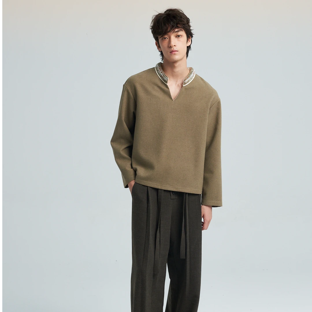 SAME FLOW 民族风多色毛绒织带设计感V领百搭舒适耐磨内搭上衣