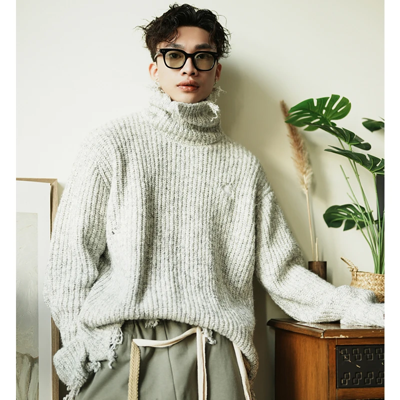 same flow灰色高领破坏风百搭毛衣纯色秋冬