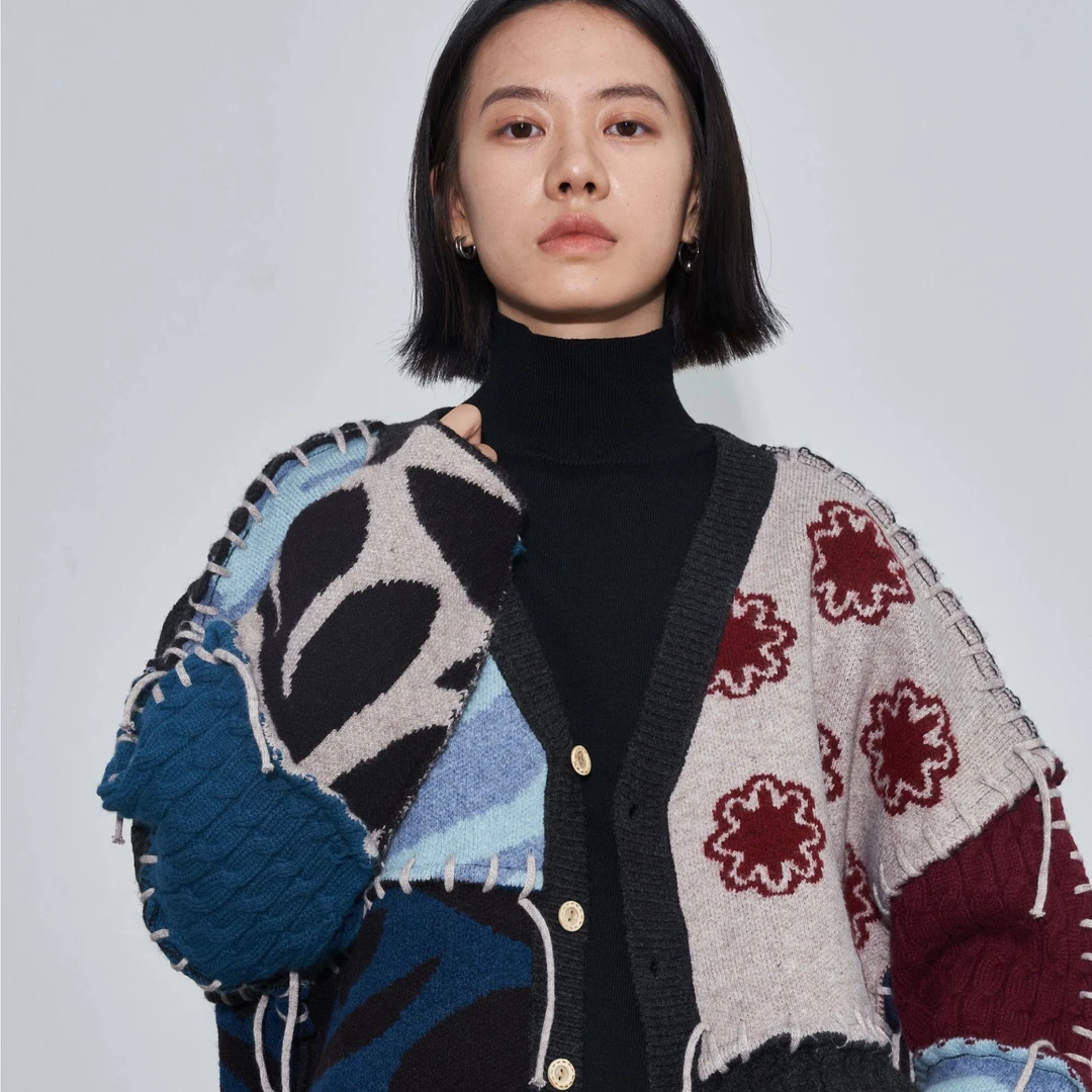 same flow乌梅子酱色梅花鹿毛衣时尚复古撞色休闲