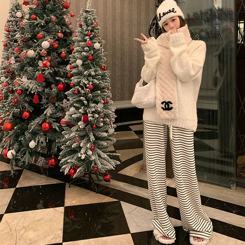 条纹黑白遛弯毛巾裤子女宽松百搭高腰直筒拖地阔腿休闲裤秋冬加绒