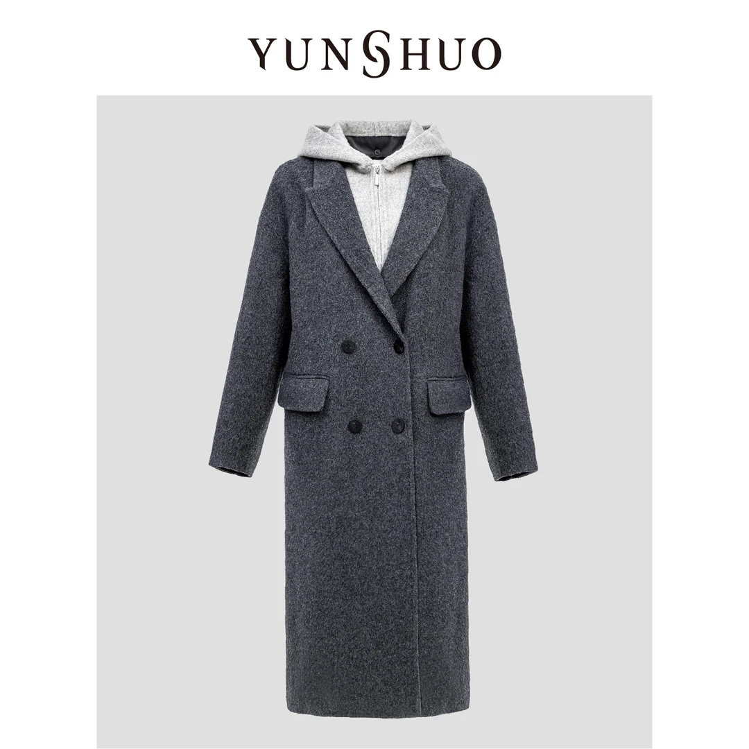 YUNSHUO允硕秋冬新品宽松女连帽气质简约风衣大衣外套499149