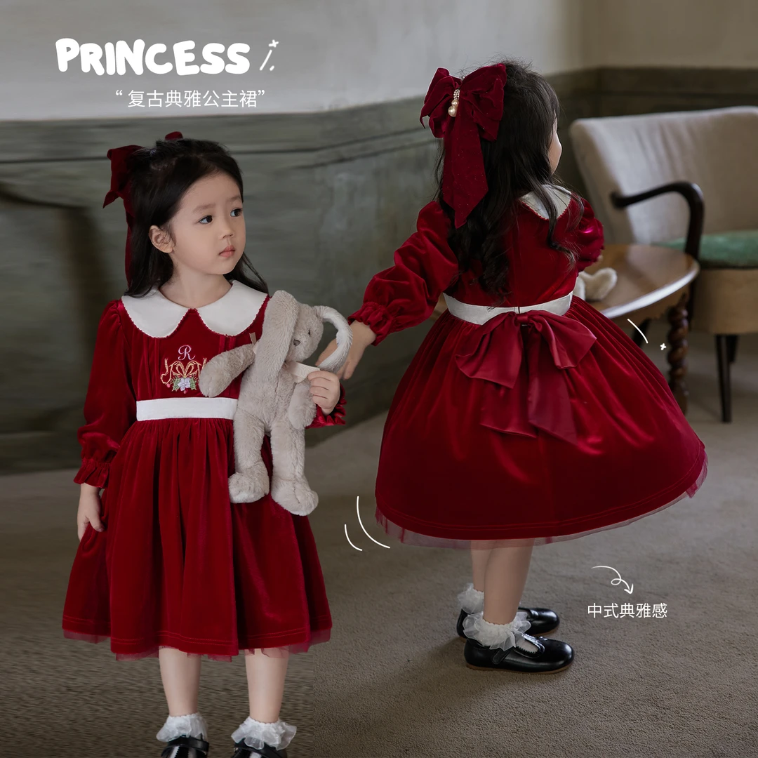 小O宝Okids童装 宝宝新年丝绒连衣裙翻领冬新款拜年服 YSD310007