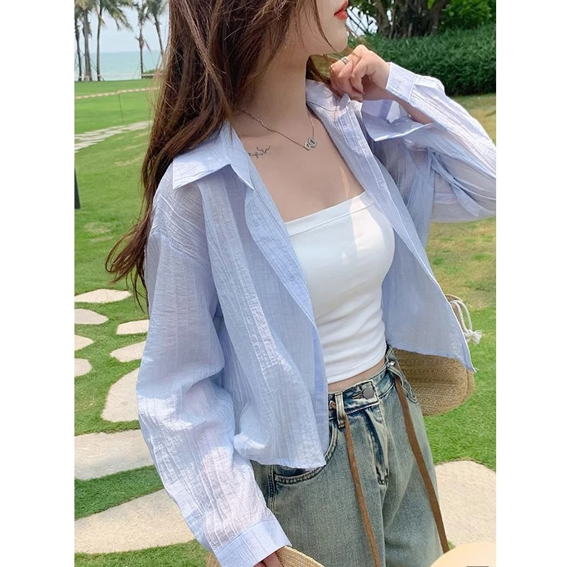 夏季新款设计感休闲宽松透气短款薄开衫外套法式褶皱防晒衣衬衫女