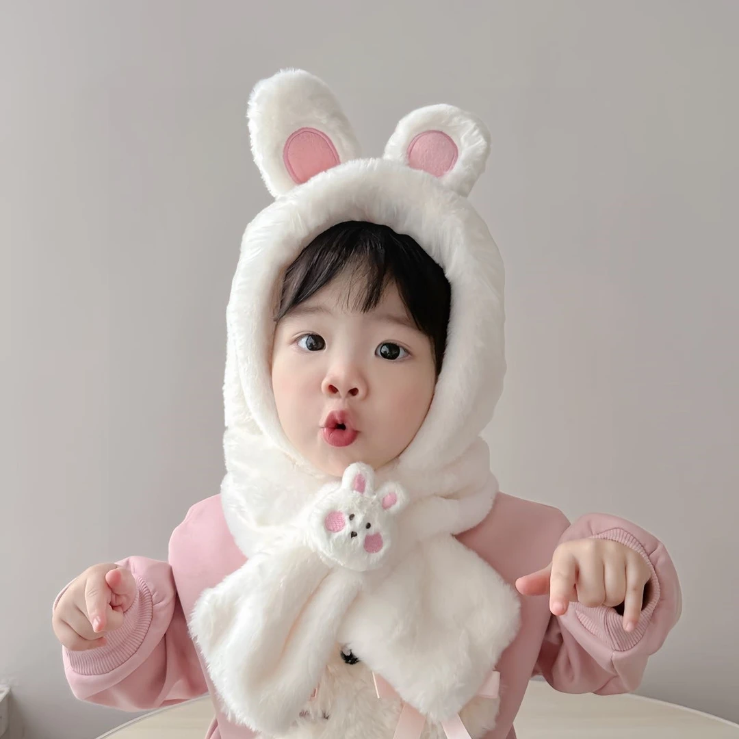 儿童帽子秋冬季可爱小熊毛绒帽加厚保暖男女童防风护颈围巾一体帽