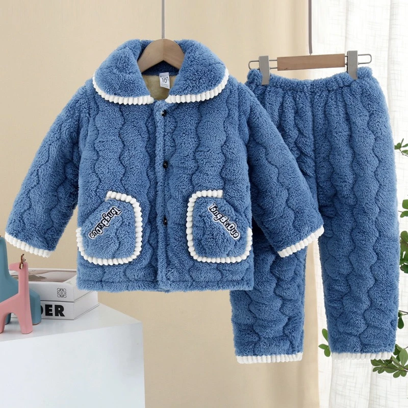 2023年新款三层加绒加厚宝宝男童小孩家居服套装儿童冬款保暖套装