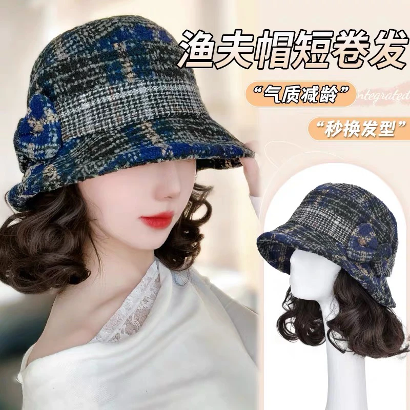 帽子假发一体女秋冬新款中老年毛呢渔夫帽慵懒卷百搭保暖全头套式
